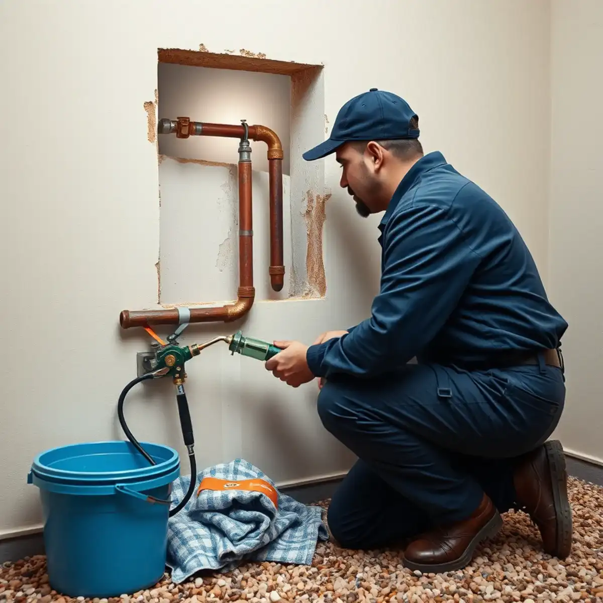 Emergency plumber repairing a burst water supply line in a San Tan Valley home