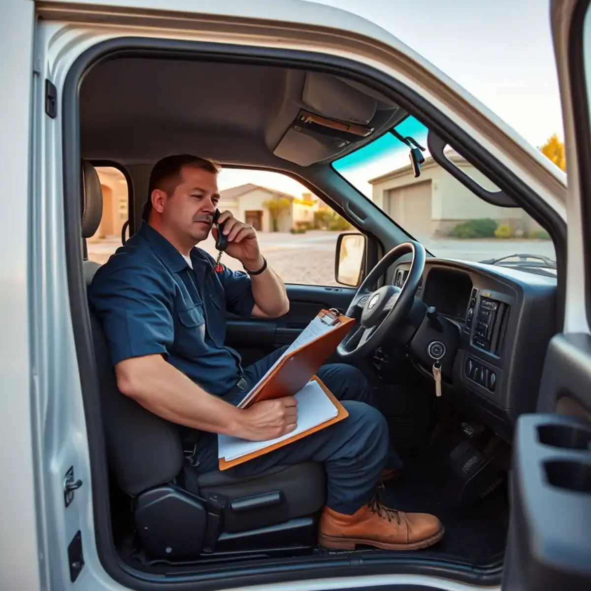 Plumber taking an emergency call in a service van in San Tan Valley, Arizona