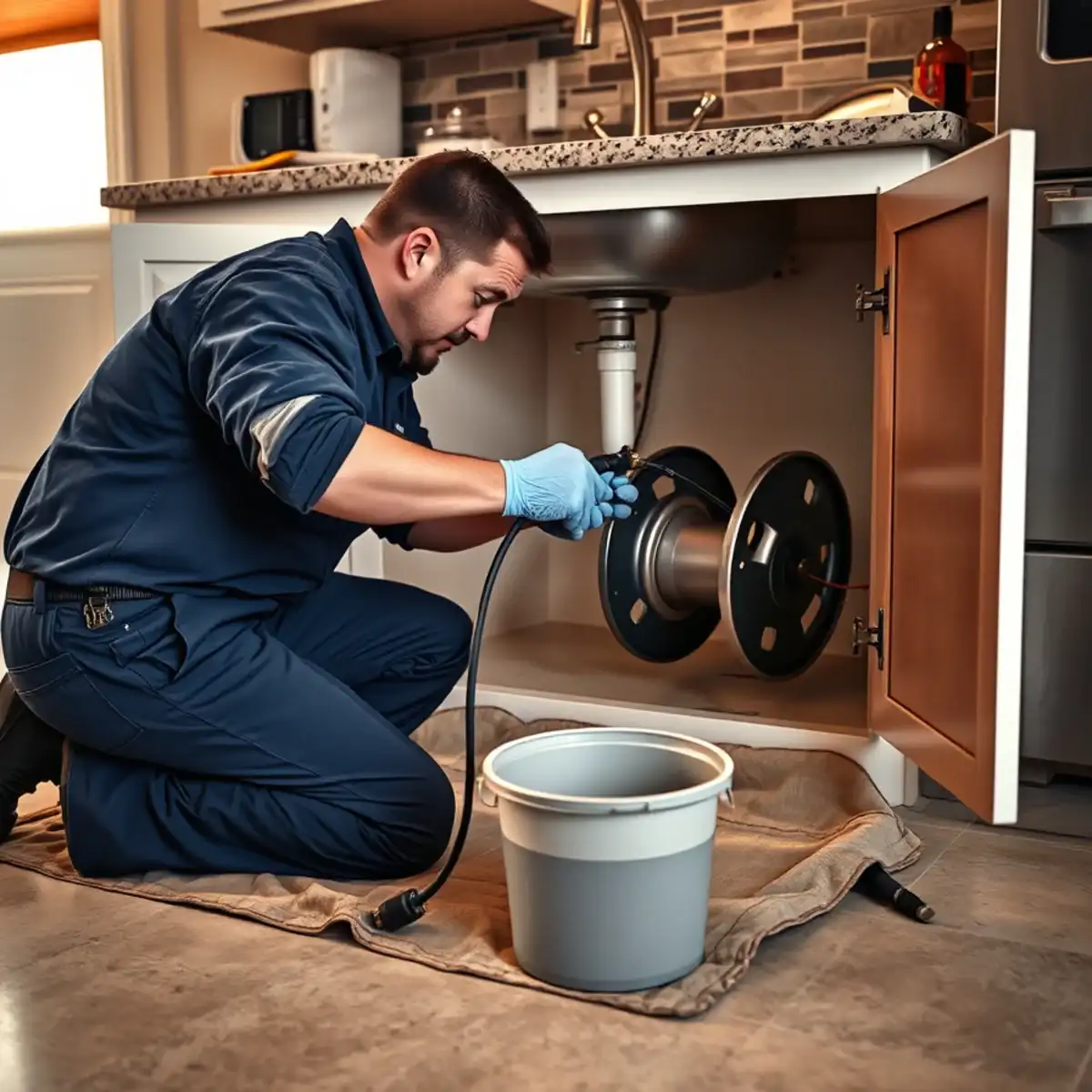 Economy Plumbers technician cabling a clogged kitchen drain in a San Tan Valley home