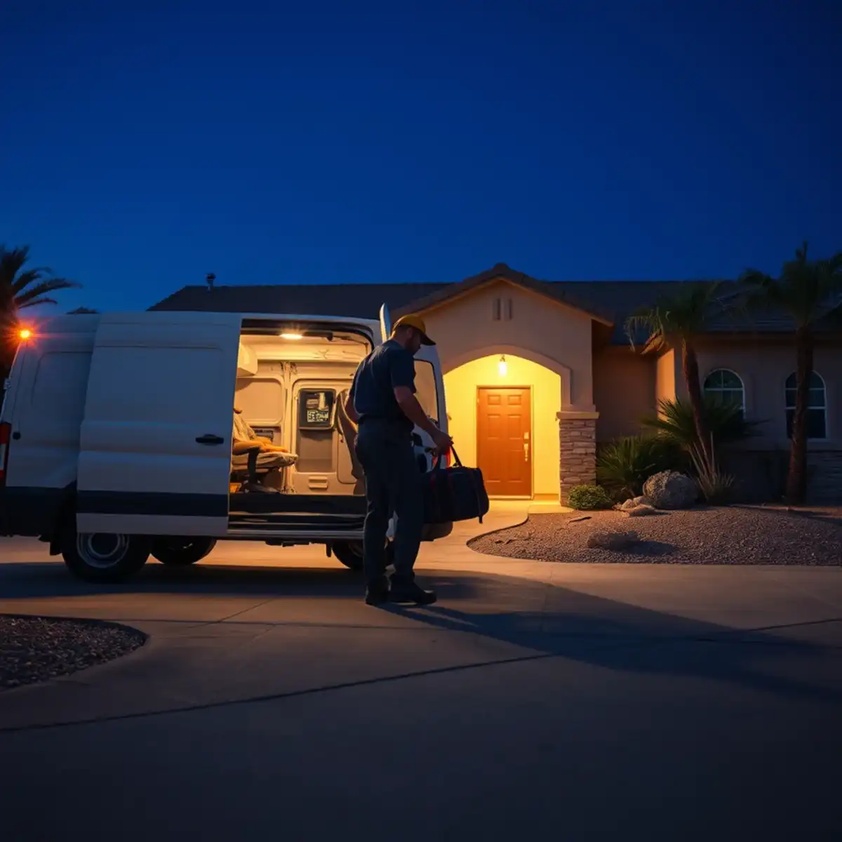 Economy Plumbers emergency service van responding to a night call in San Tan Valley, Arizona