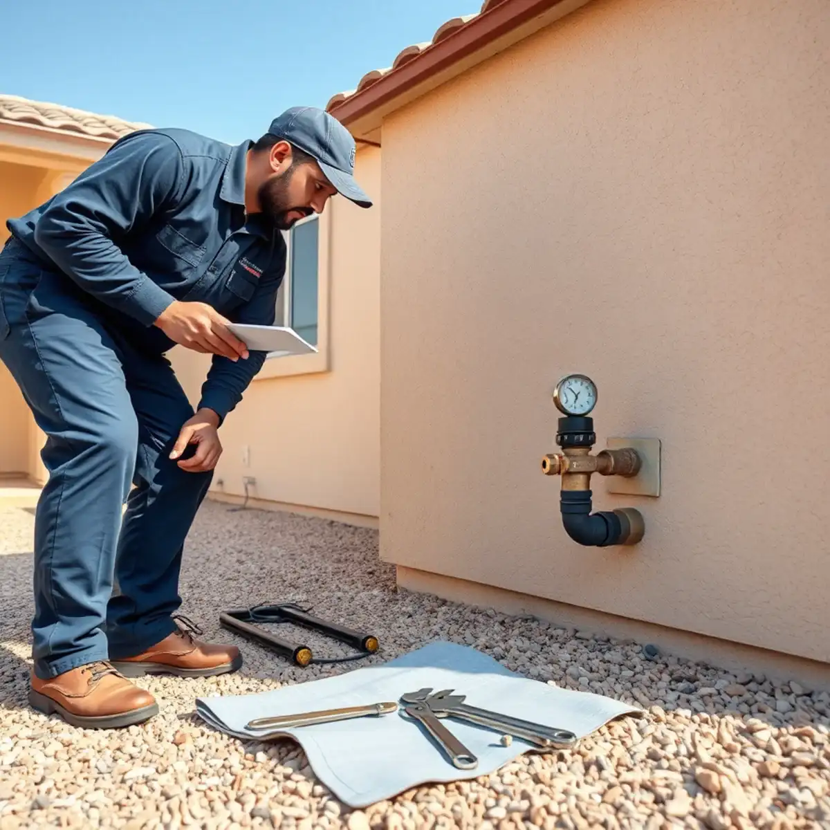 Licensed plumber pressure testing a new gas line at a San Tan Valley home