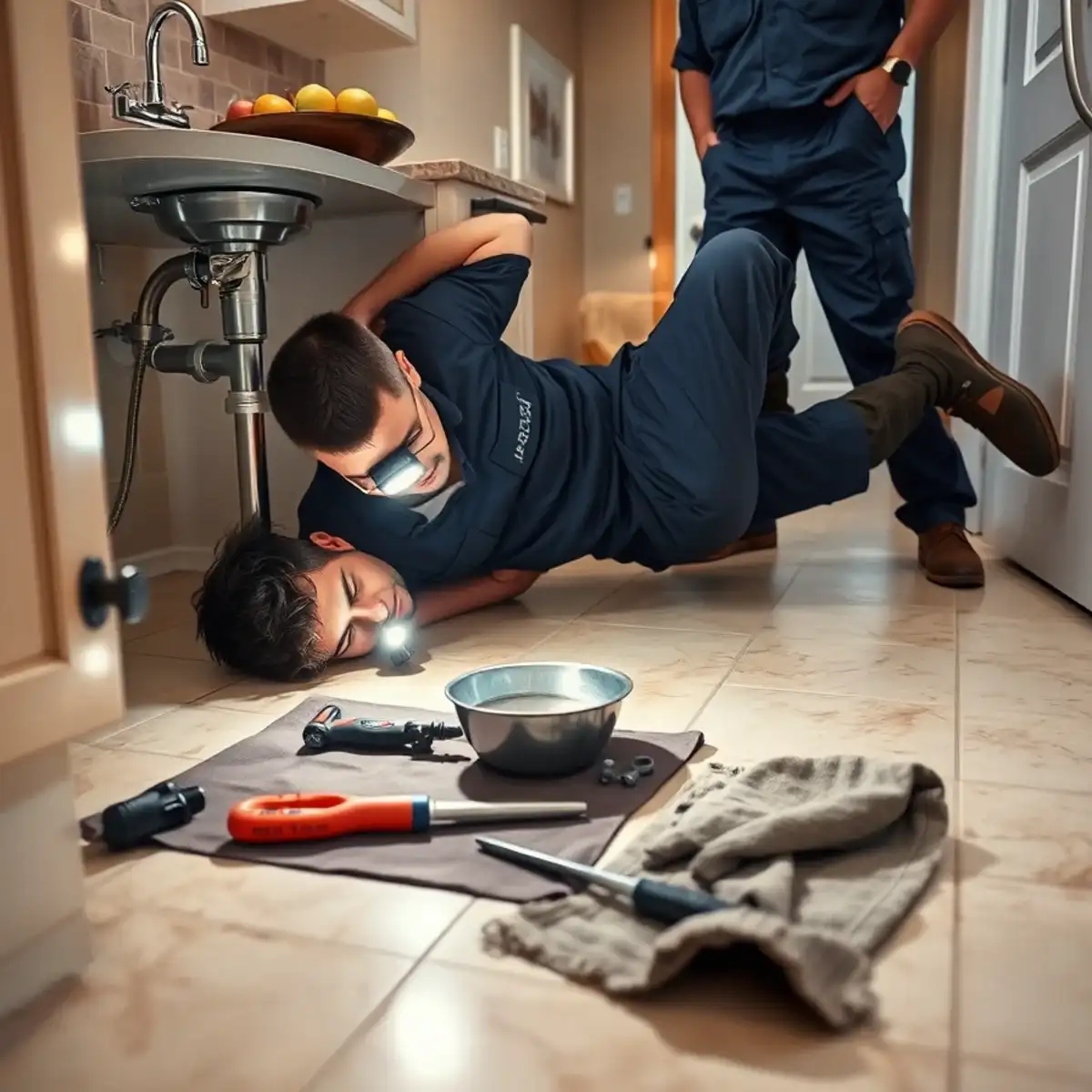 Residential plumber working under a kitchen sink in a San Tan Valley family home
