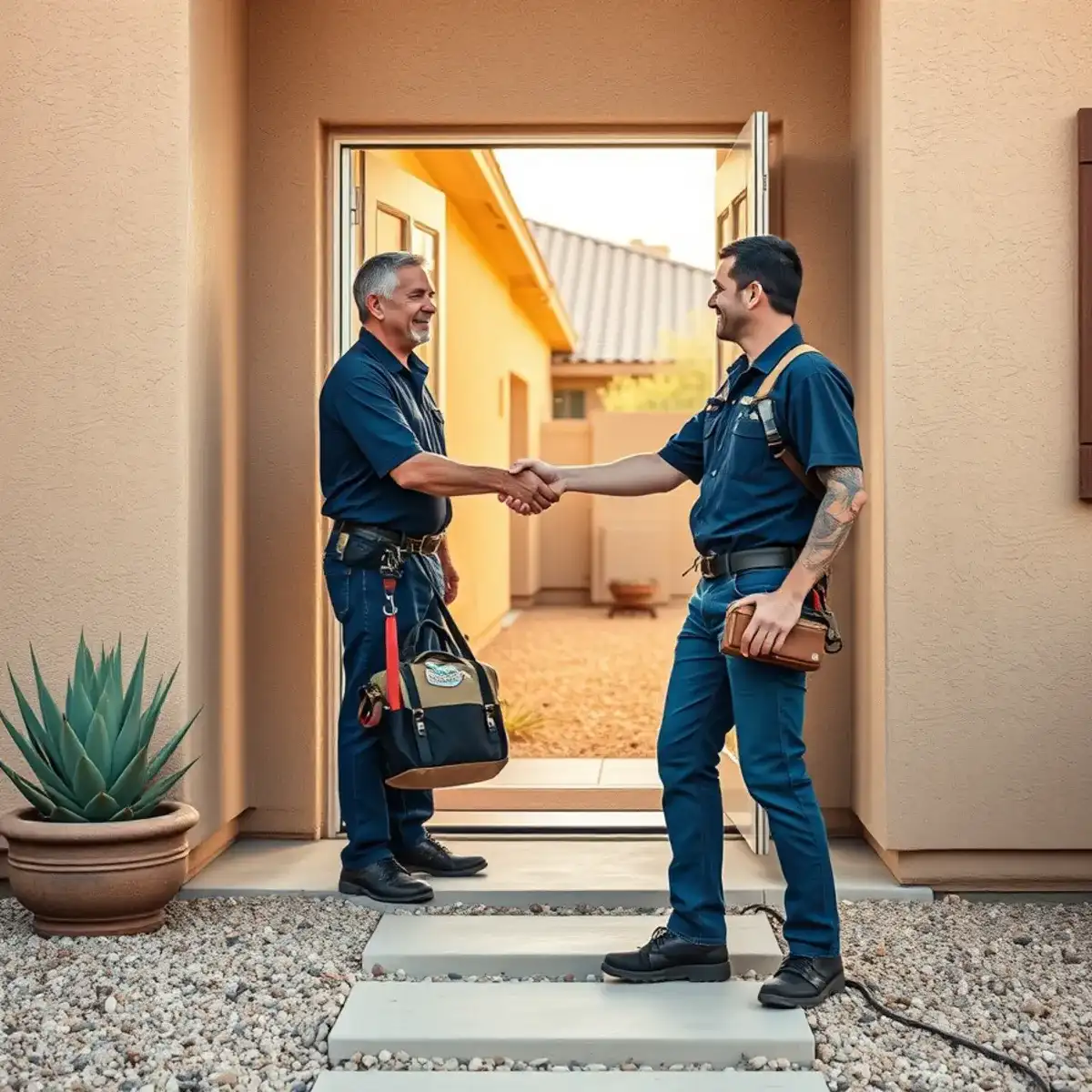 San Tan Valley homeowner thanking a plumber at the front door after a completed repair