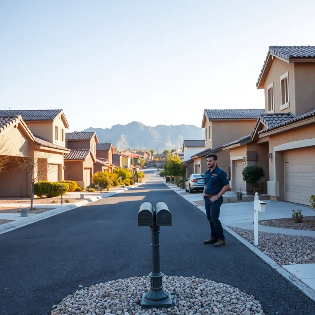 San Tan Valley residential street of stucco homes with the San Tan Mountains in the background