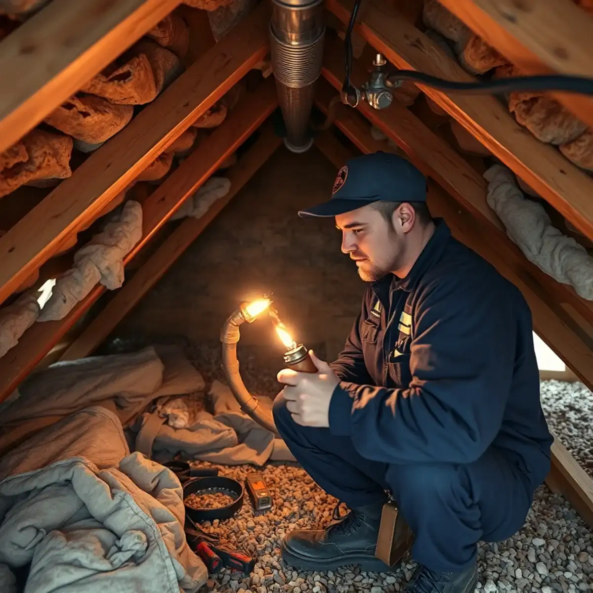 Plumber repairing a copper joint in the hot attic of a Cambria home in San Tan Valley