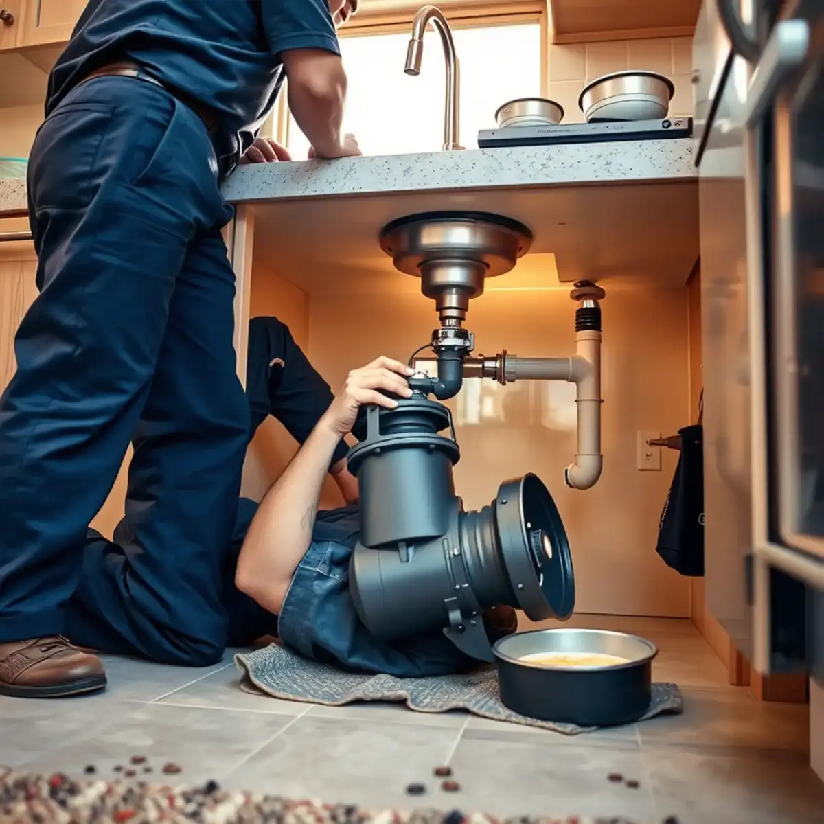 Plumber replacing a garbage disposal in a Circle Cross Ranch family kitchen in San Tan Valley