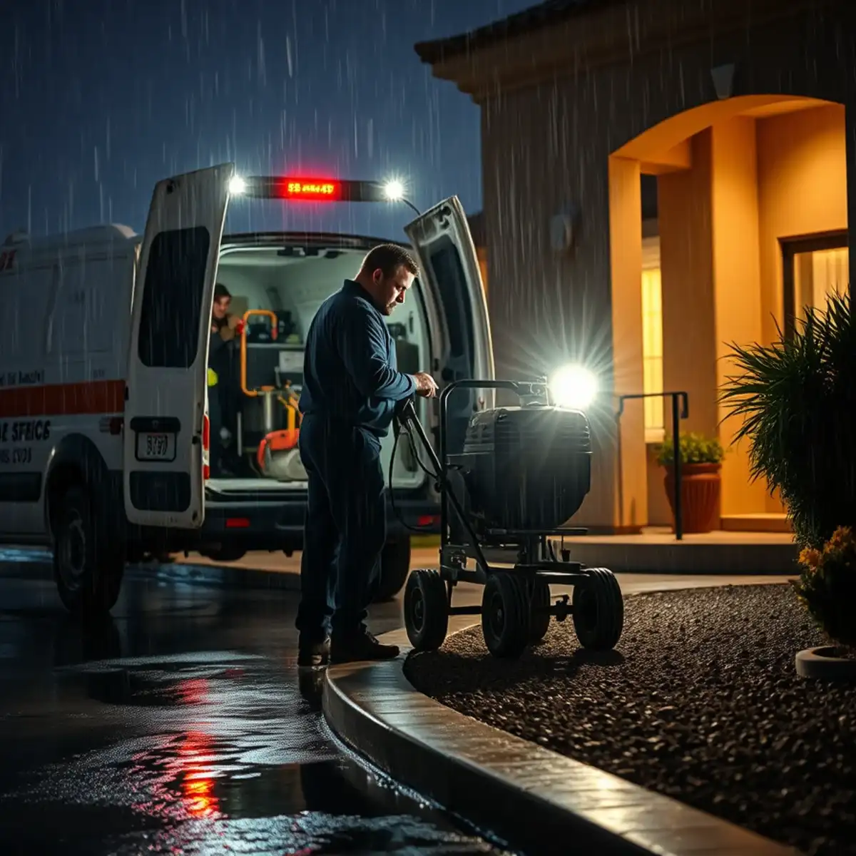 Emergency plumber responding to a monsoon sewer backup at a Laredo Ranch home off Hunt Highway