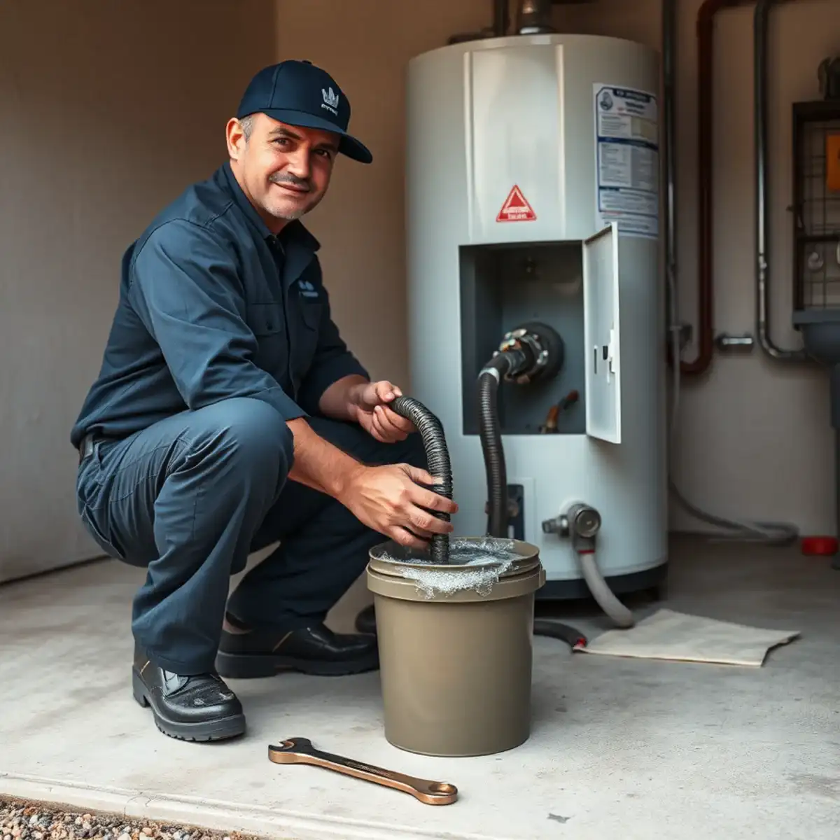 Plumber flushing sediment from a water heater at a Meadow Vista home in San Tan Valley