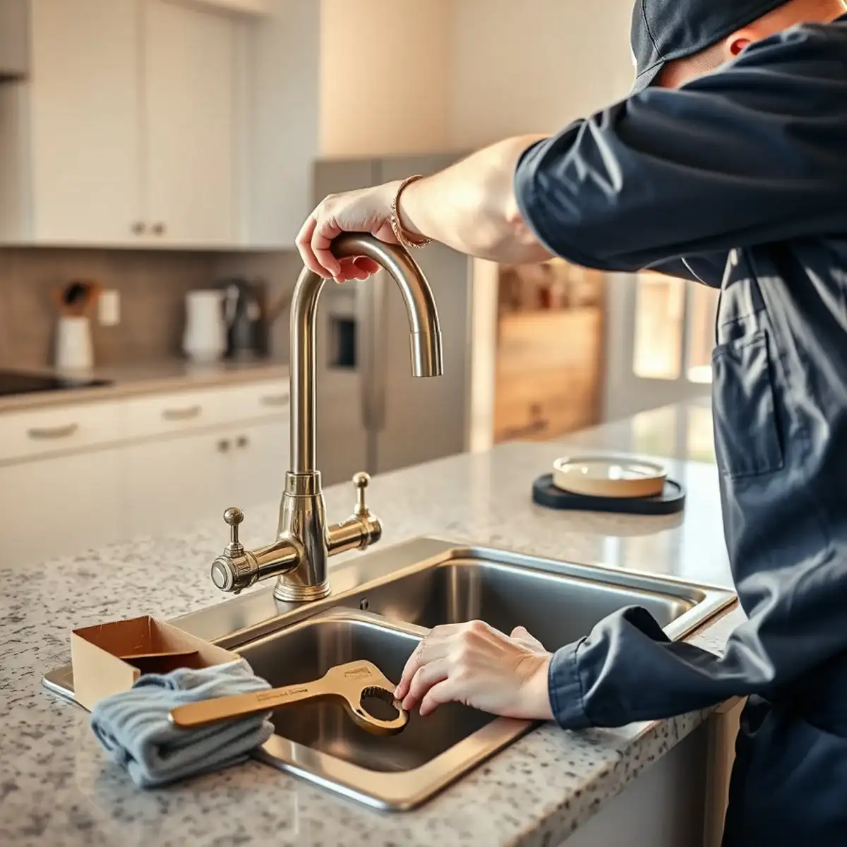 Plumber replacing a corroded builder-grade faucet in a Moon Shadow home in San Tan Valley