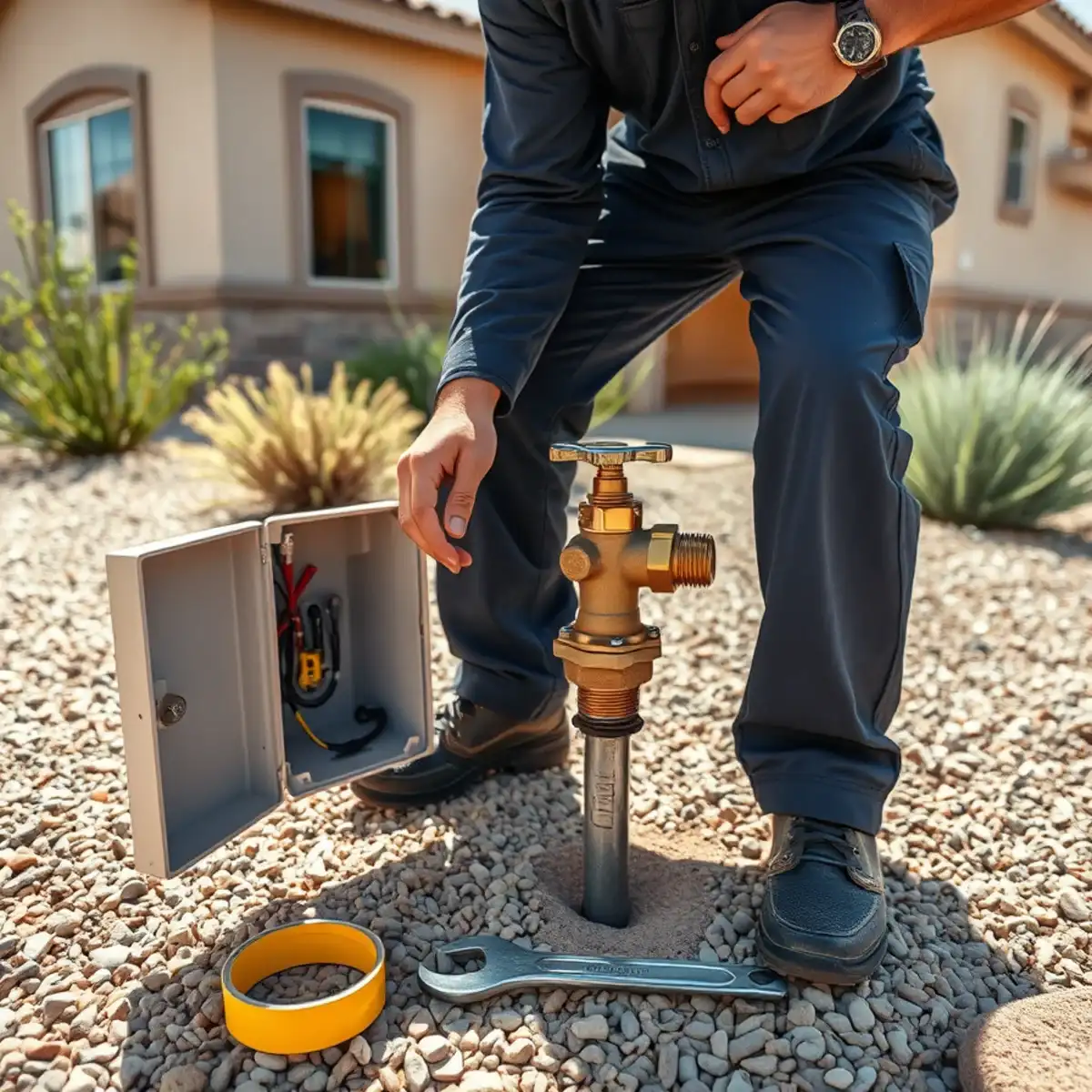 Plumber replacing an irrigation backflow assembly at a Pecan Creek home in San Tan Valley