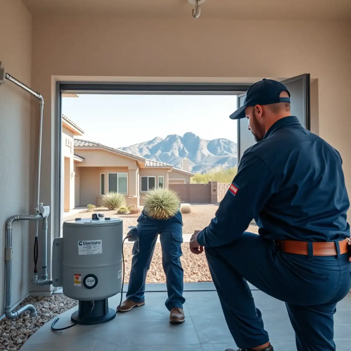 Plumber installing a water softener in a new San Tan Heights home near San Tan Mountain Regional Park