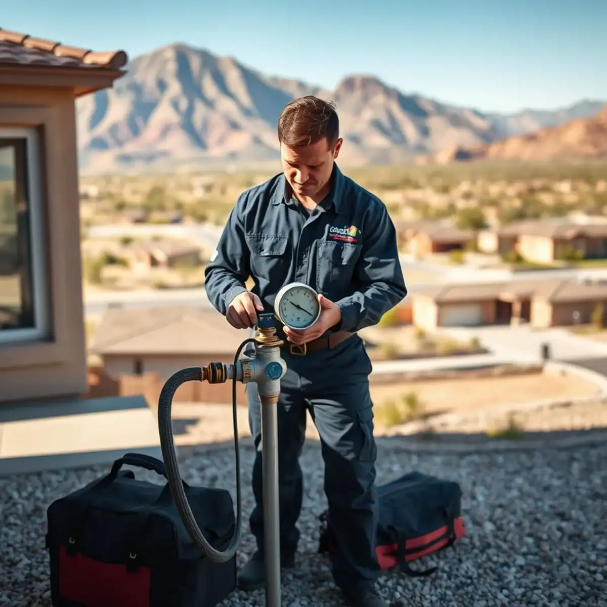 Plumber testing static water pressure at a San Tan Ridge home near San Tan Mountain
