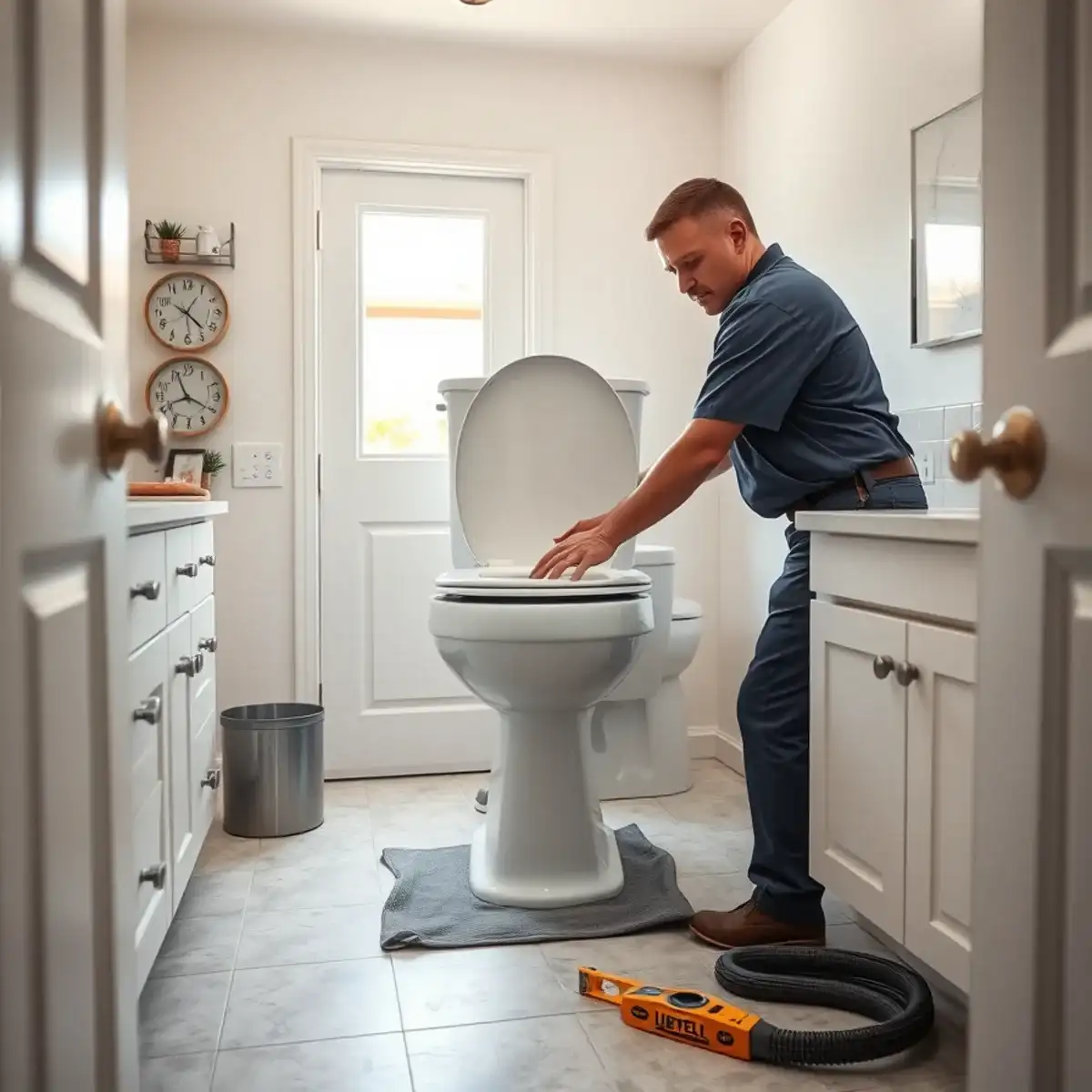 Plumber installing a comfort-height toilet in a Solera at Johnson Ranch 55+ home