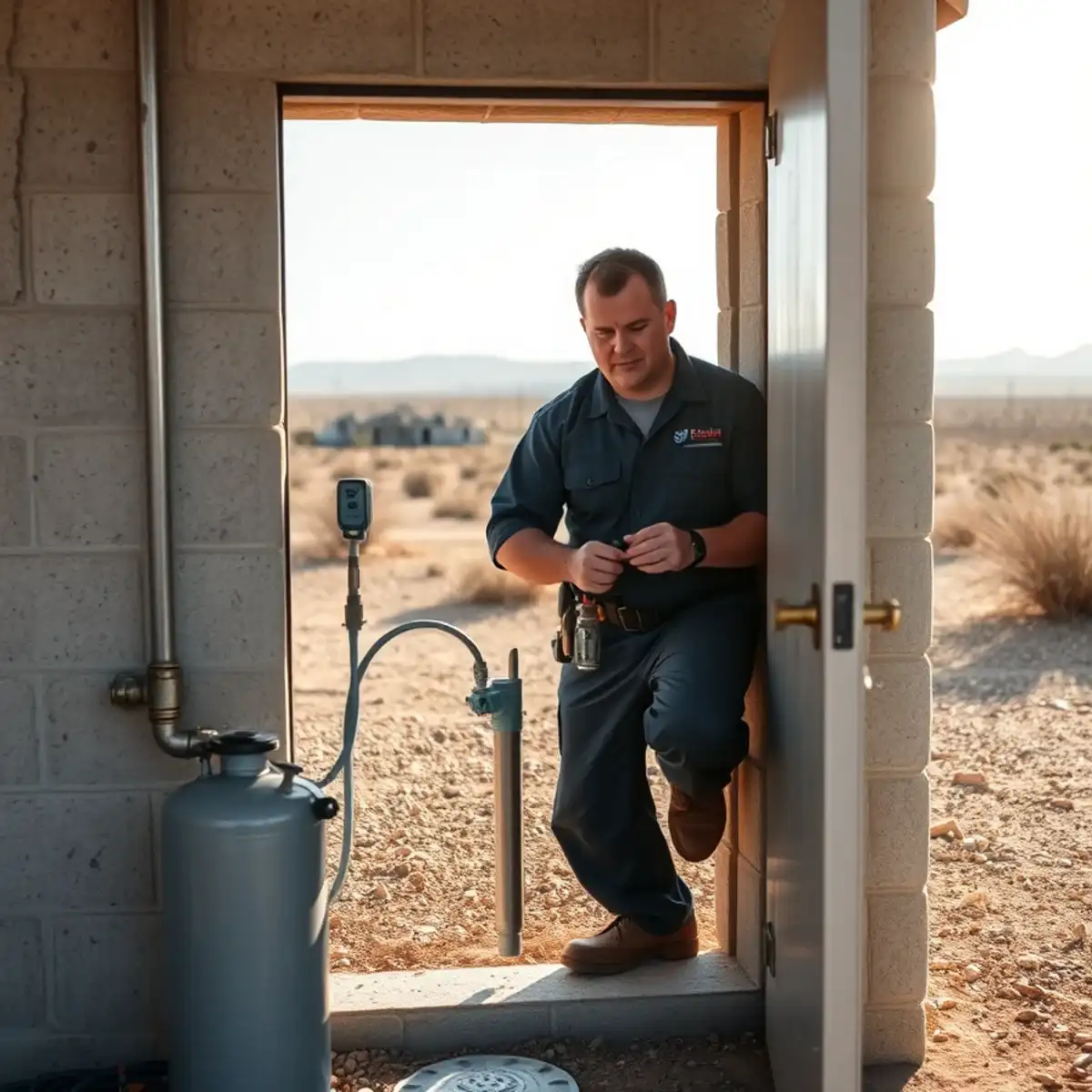 Plumber servicing a well pressure tank at a semi-rural Sun Valley Farms property in San Tan Valley