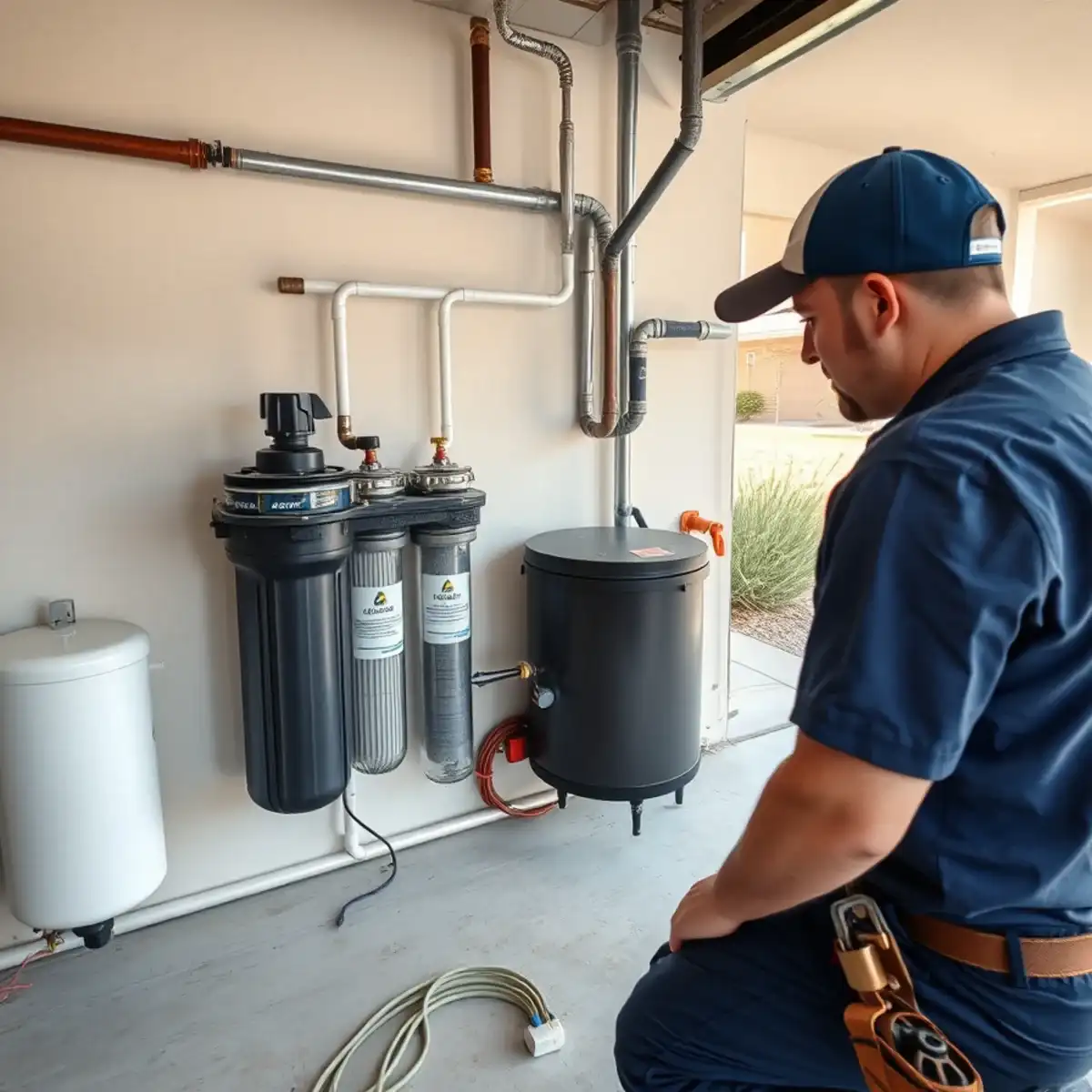 Water treatment system installation at a home in Arizona City, Arizona