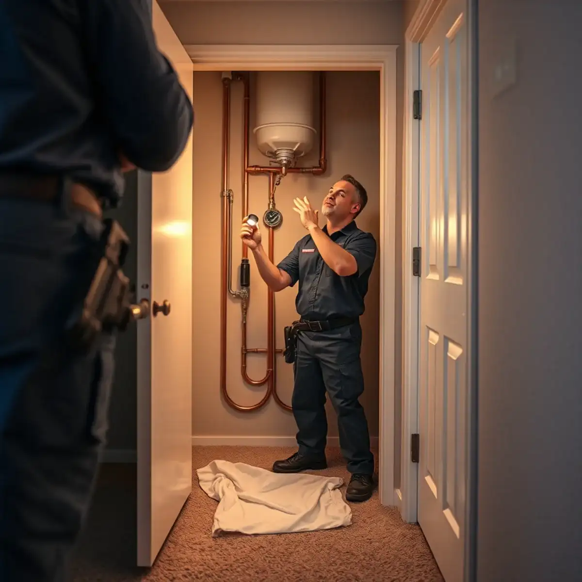 Plumber servicing a water heater in a south Chandler, Arizona home near the Ocotillo corridor