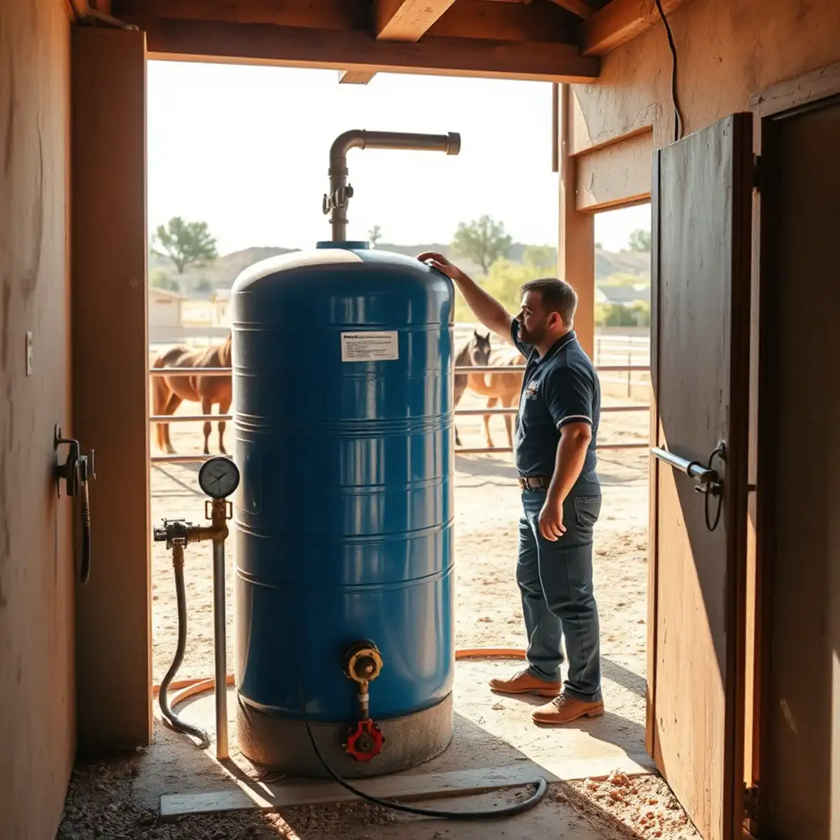 Plumber servicing a well pressure tank at a Chandler Heights horse property in Arizona