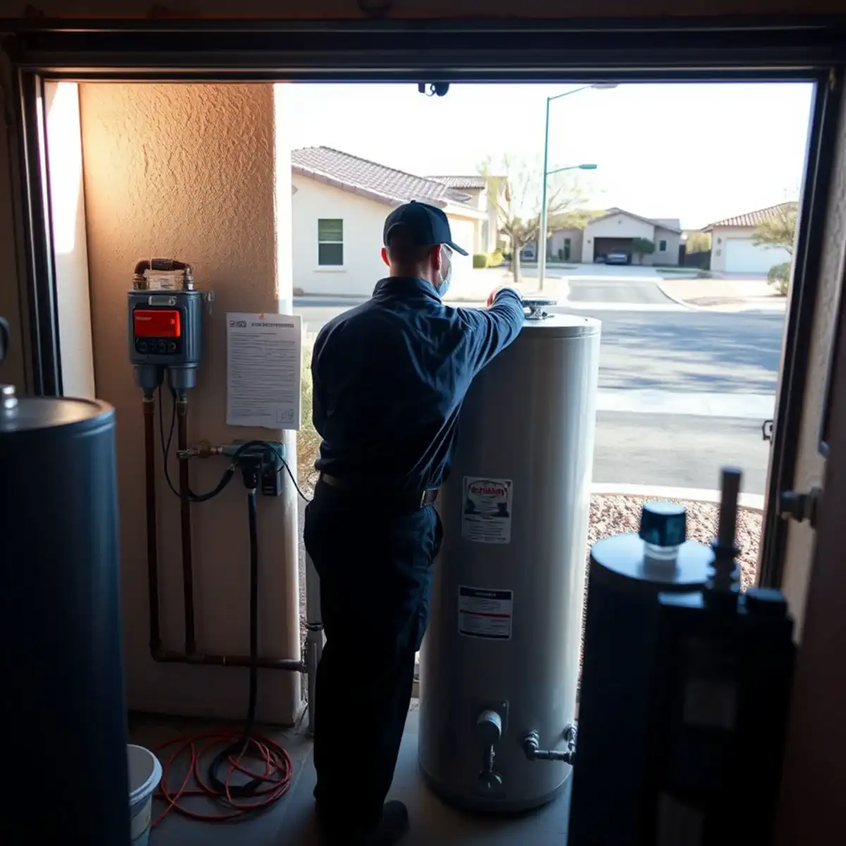 Plumber working at a home in the Higley area near Gilbert and Queen Creek, Arizona