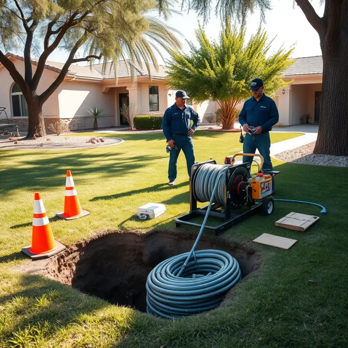 Sewer line replacement in progress at an older southeast Mesa, Arizona home