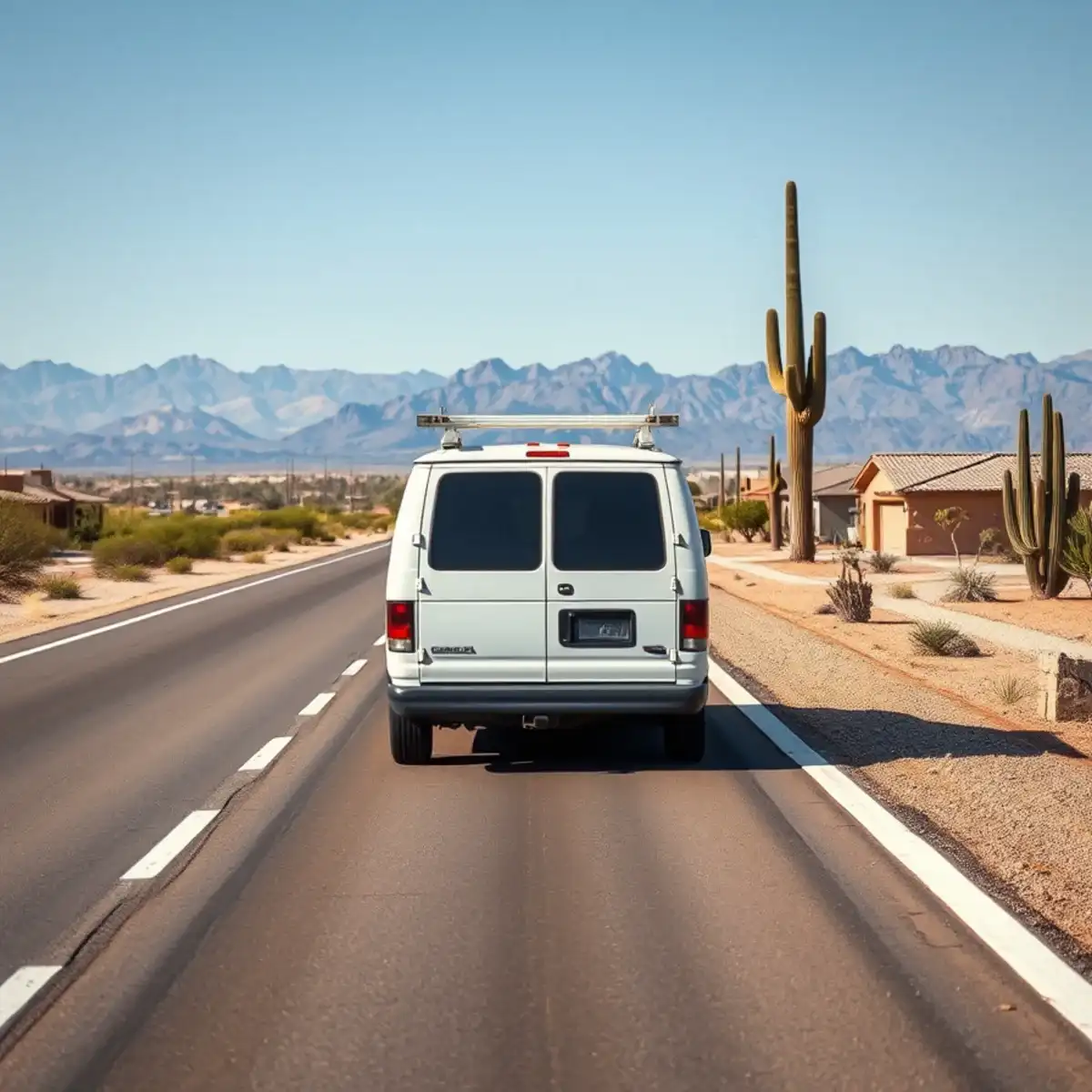 Economy Plumbers service van on a Pinal County road near San Tan Valley, Arizona