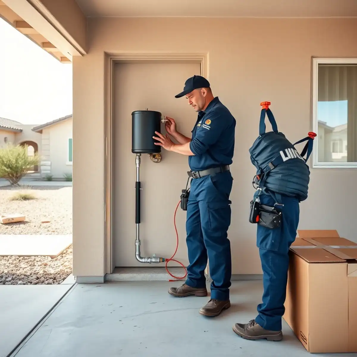 Plumber installing a water softener in a newly built home in Red Rock, Arizona