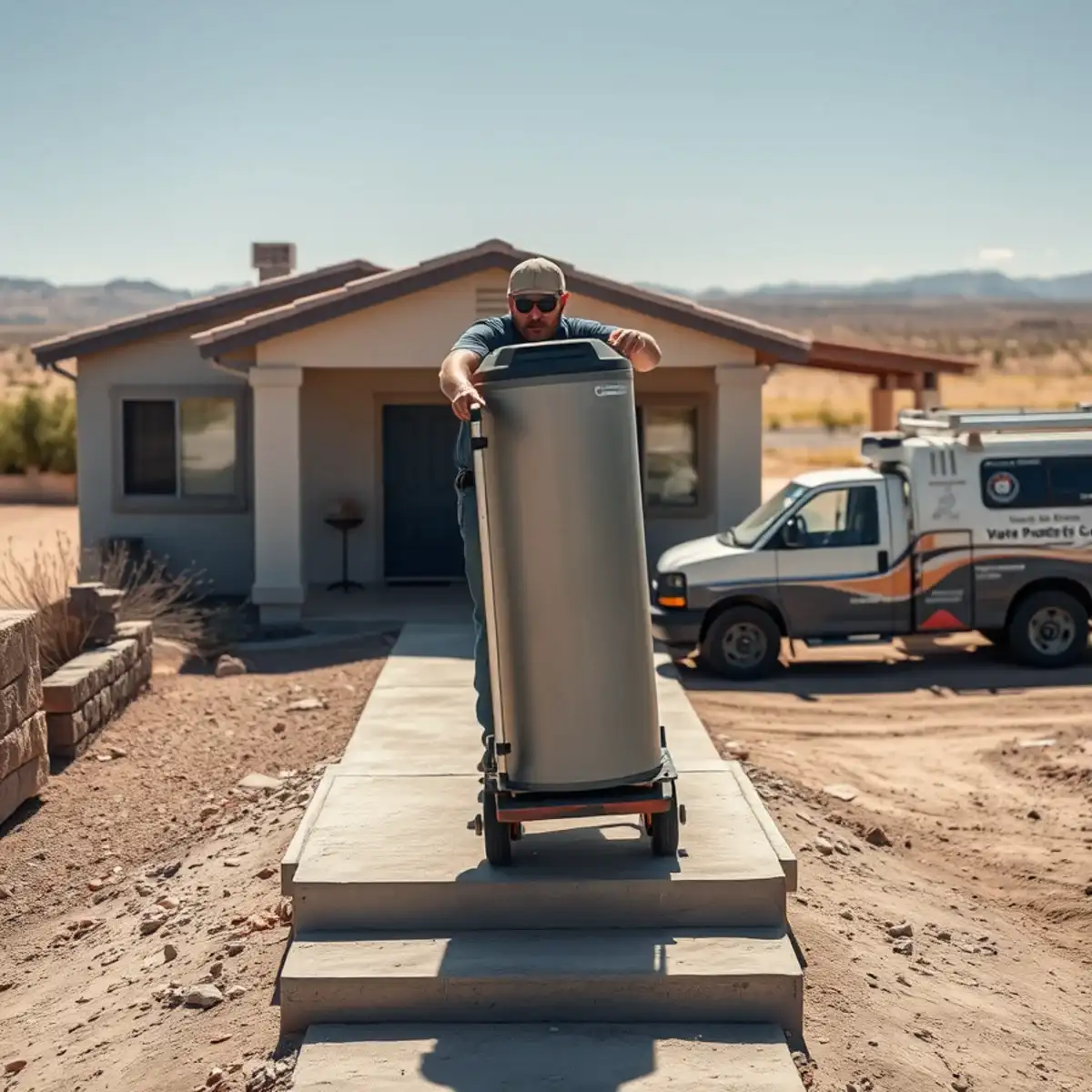 Plumber repairing a water heater at a rural home in Sacaton, Arizona