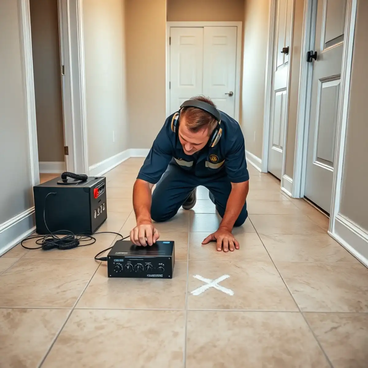 Plumber using acoustic leak detection equipment on a tile floor in a San Tan Valley slab home