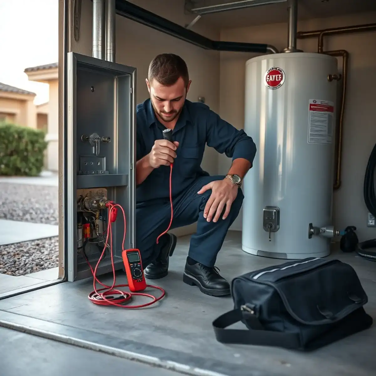 Technician diagnosing a failed water heater with no hot water at a San Tan Valley home