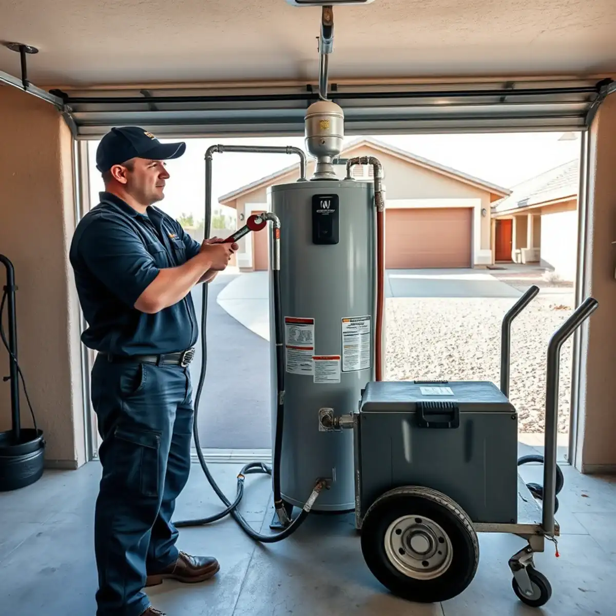 Plumber installing a new tank water heater in a San Tan Valley home garage