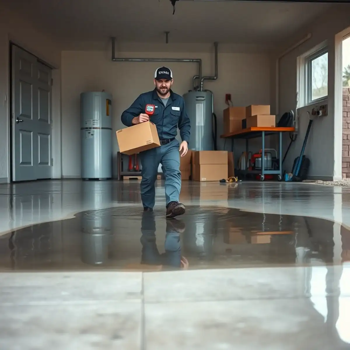 Emergency plumber locating the source of a major water leak in a flooded San Tan Valley garage