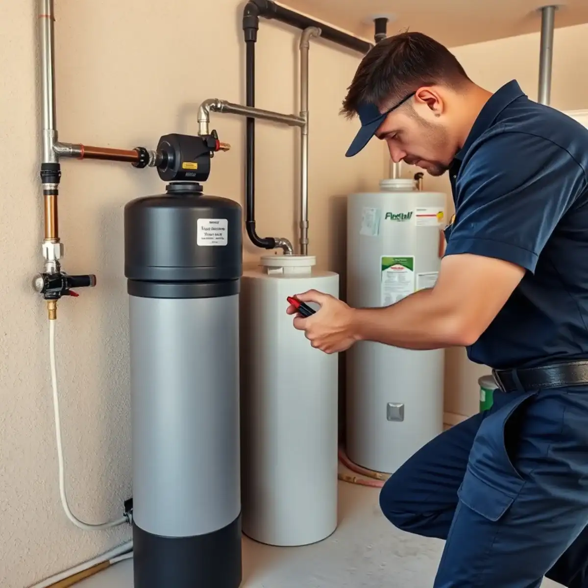 New whole-home water softener installed at the softener loop in a San Tan Valley garage