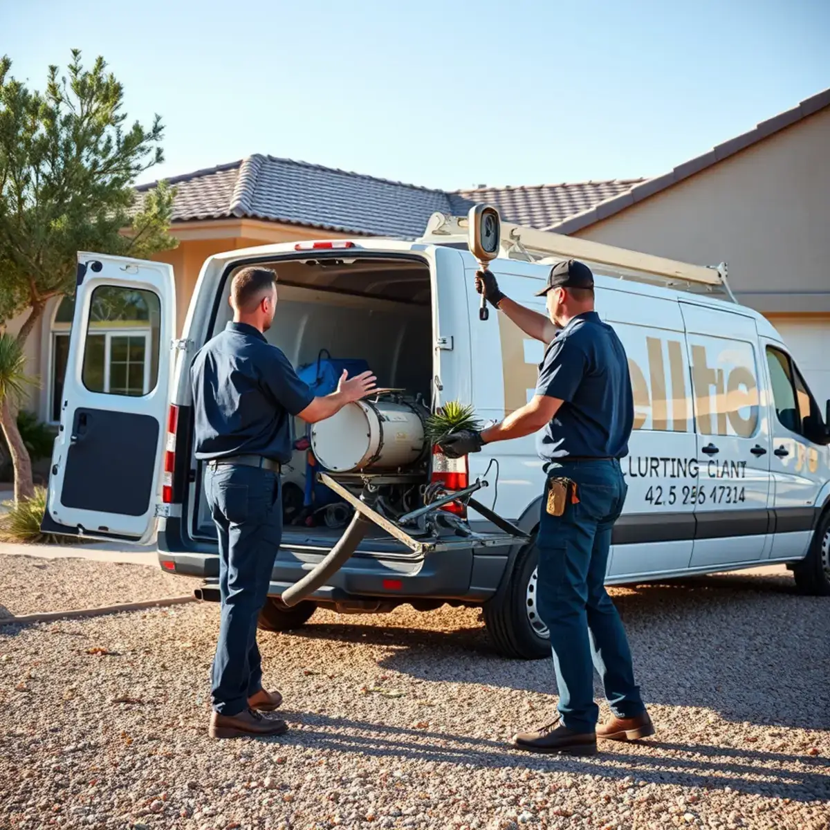 The Economy Plumbers team and service van outside a San Tan Valley, Arizona home