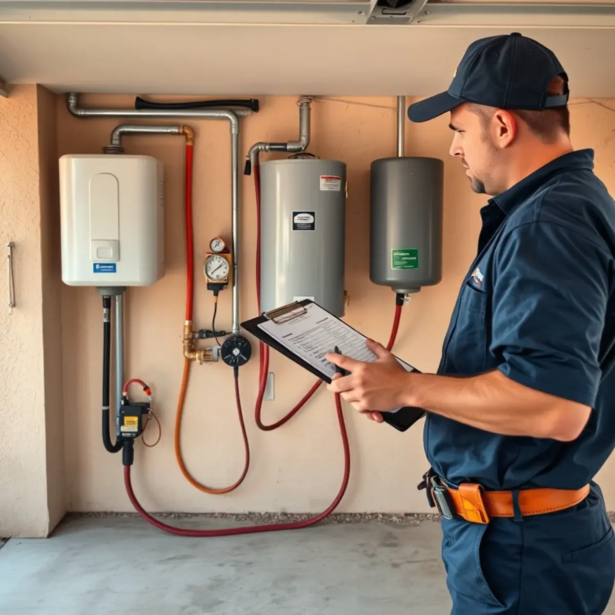 Plumber performing a whole-home plumbing inspection at a 2000s-era San Tan Valley house