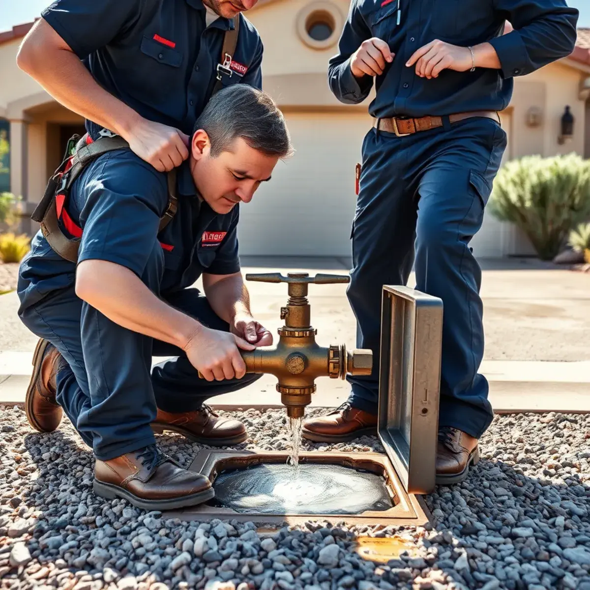 Homeowner shutting off the main water valve after a burst pipe in a San Tan Valley home