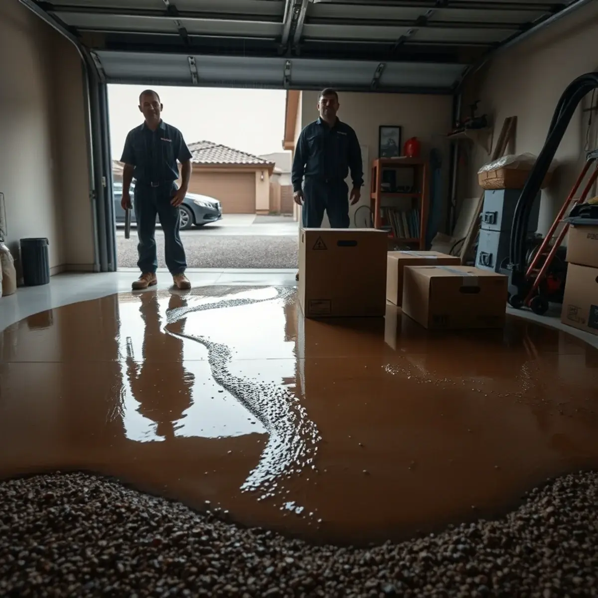 Water across a garage floor during a monsoon storm at a San Tan Valley home