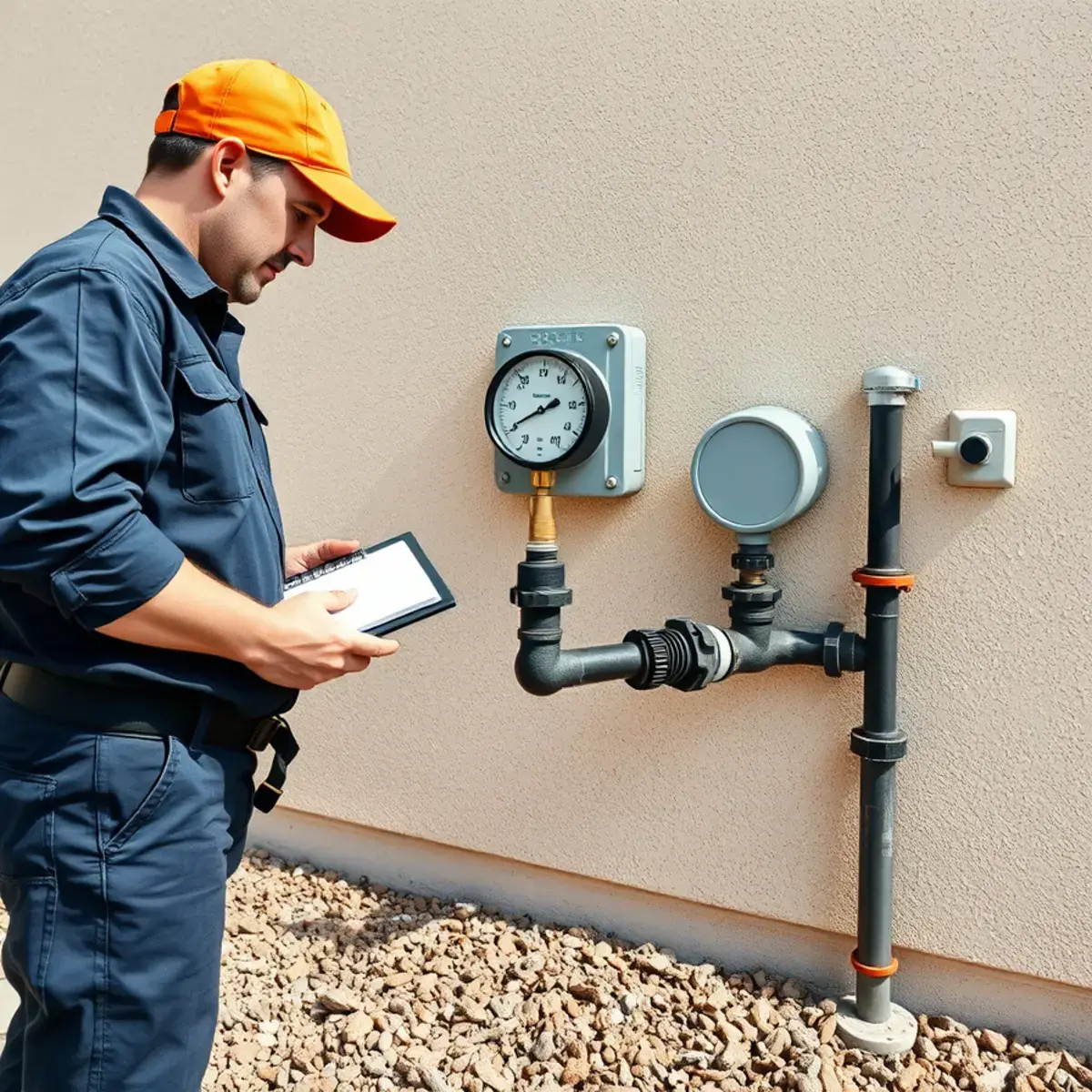 Licensed plumber pressure testing a residential gas line in San Tan Valley, Arizona