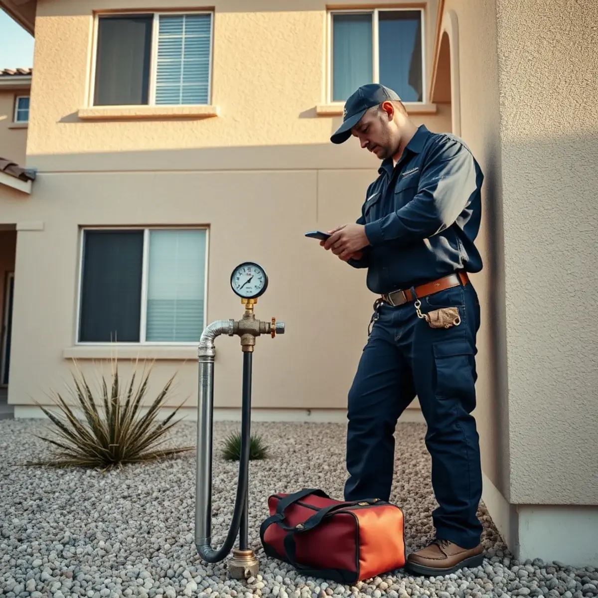 Testing static water pressure at a hose bib on a two-story San Tan Valley home