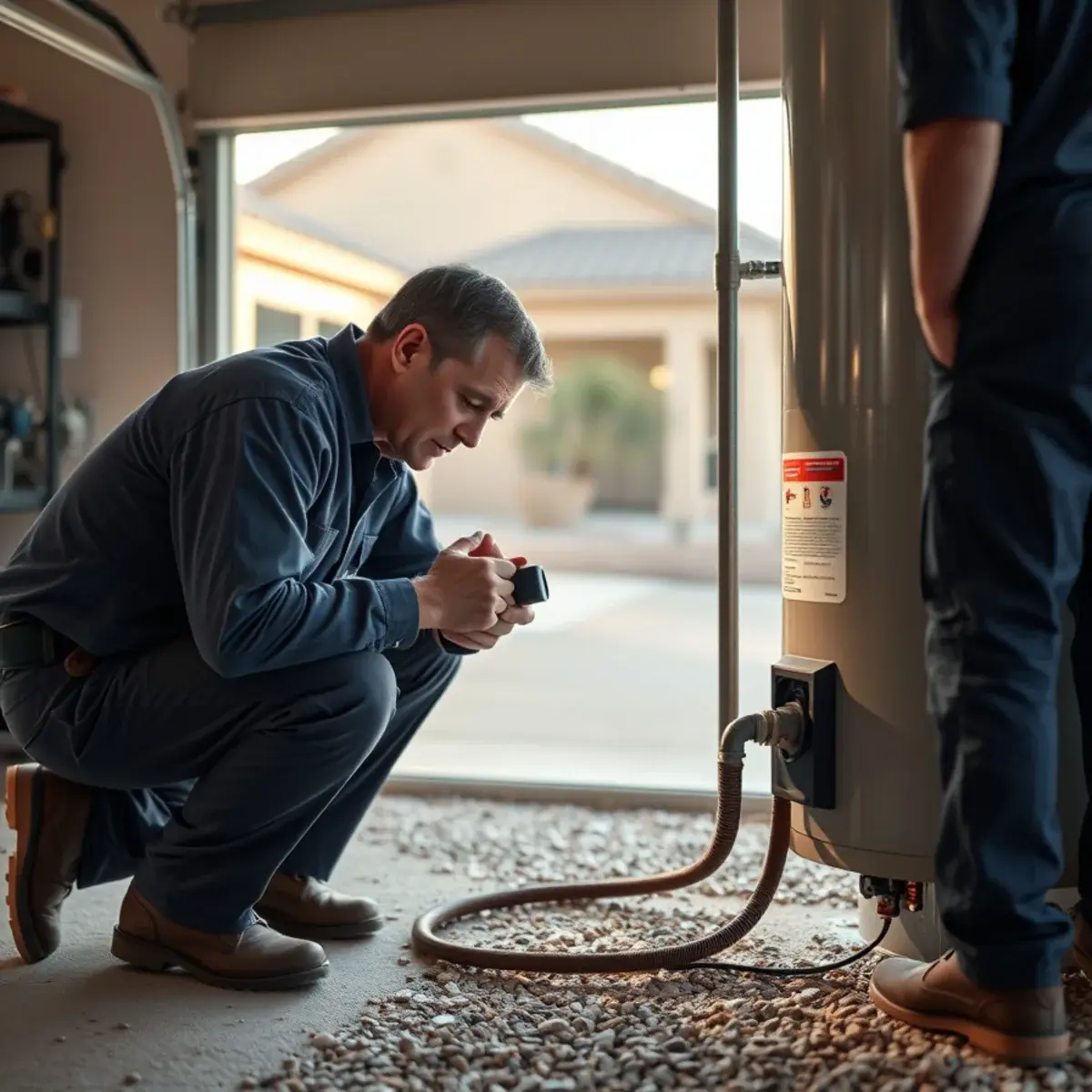 Homeowner checking the pilot light on a gas water heater in a San Tan Valley garage