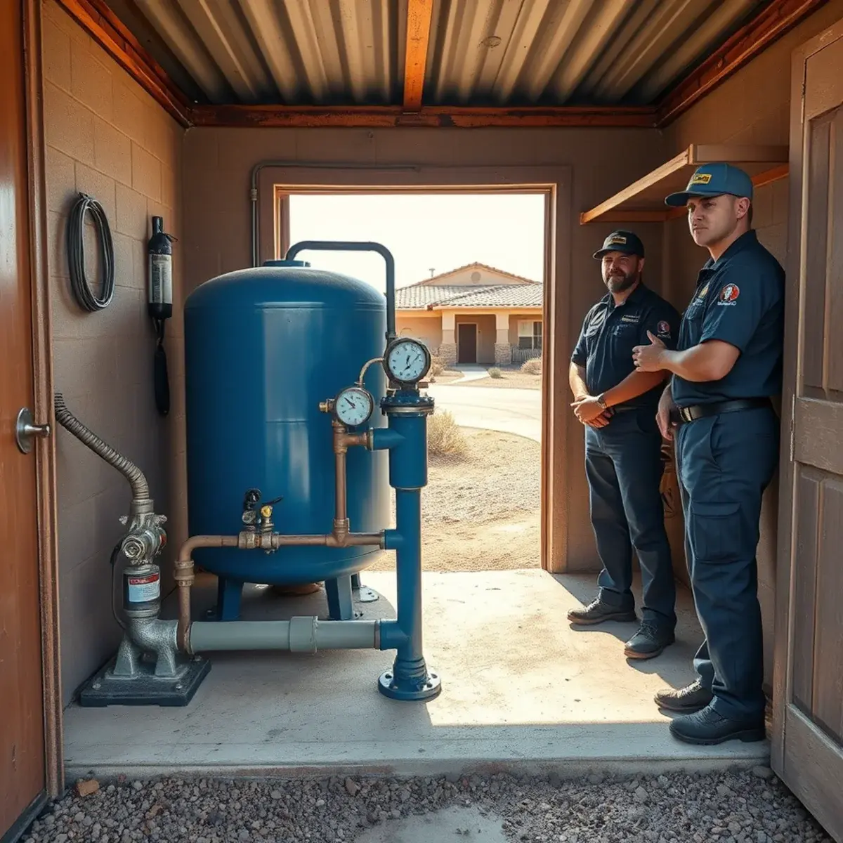 Well pressure tank and water treatment system at a rural property near San Tan Valley, Arizona