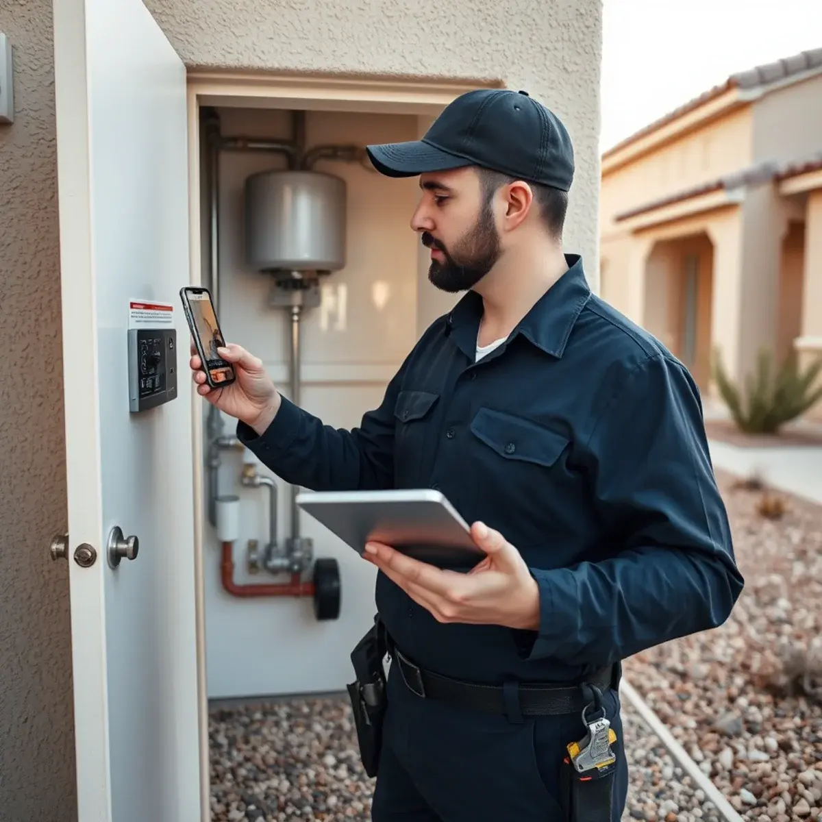 Plumber logging water heater serial numbers across rental properties in Pinal County, Arizona