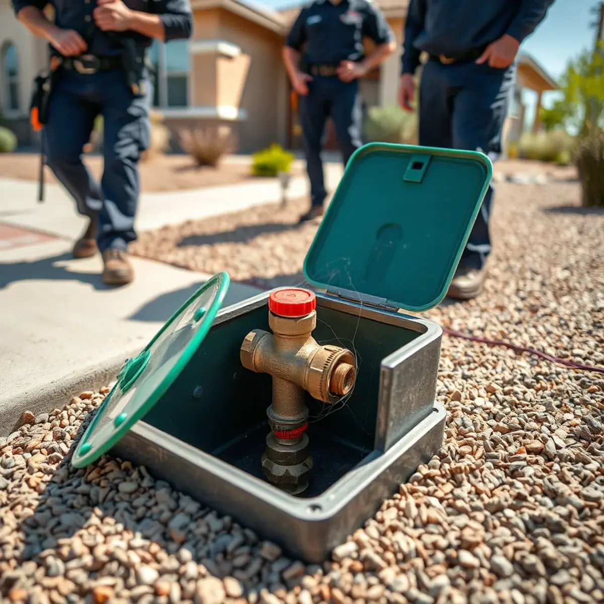 Main water shutoff valve in a front yard valve box at a San Tan Valley home