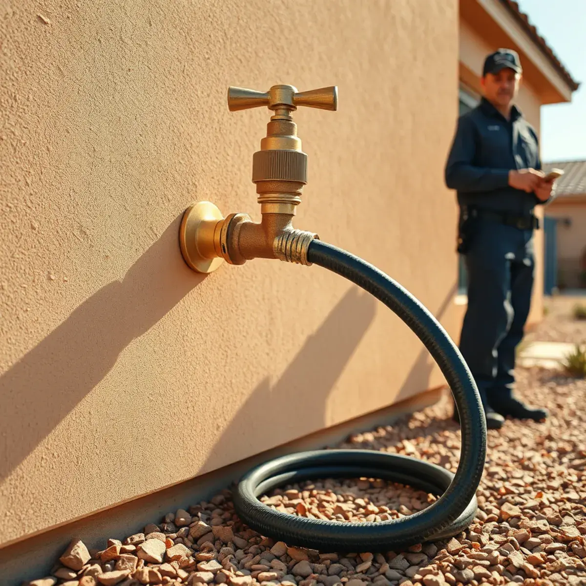 Sun-damaged exterior hose bib on the west wall of a San Tan Valley home in summer