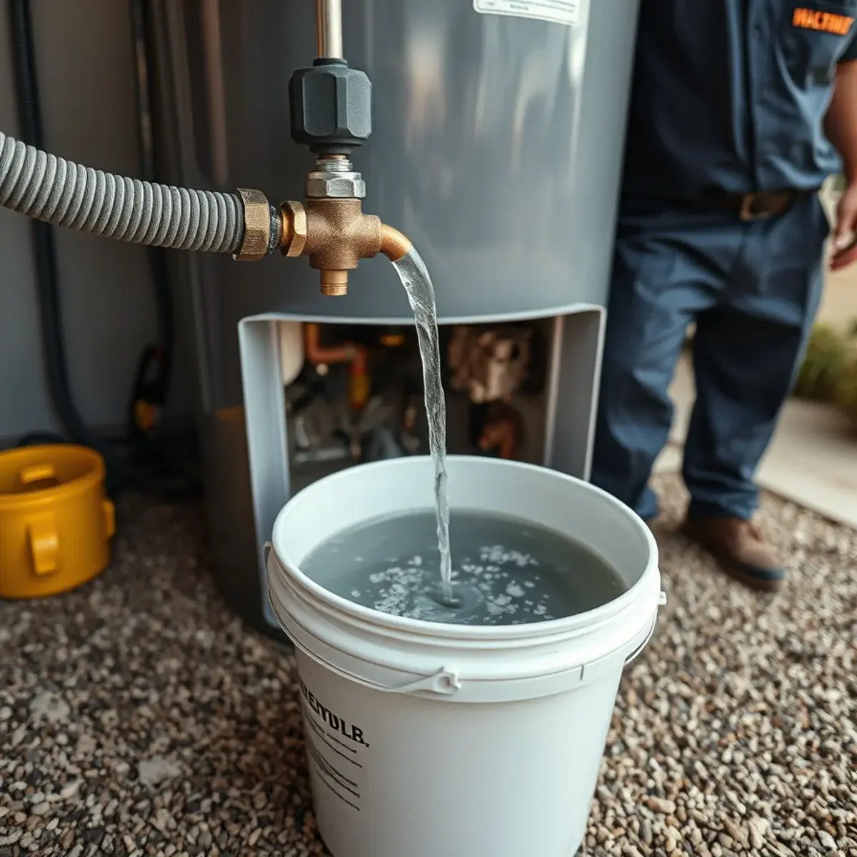 Draining sediment from a water heater during an annual flush in San Tan Valley, Arizona