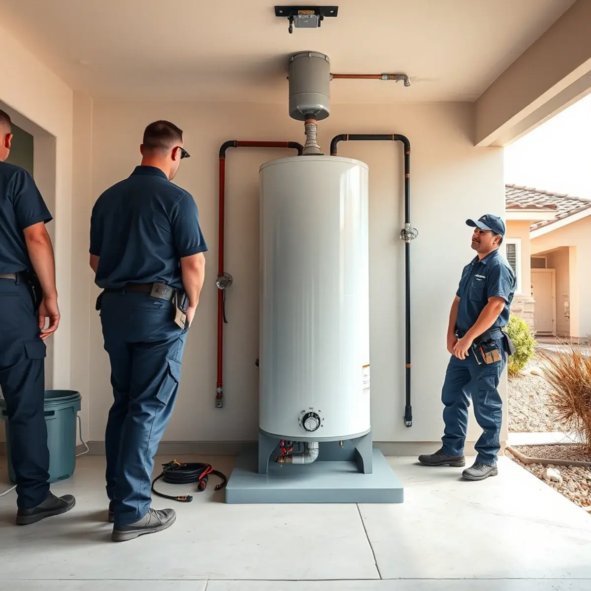 New water heater installed in a San Tan Valley garage with correct pan and expansion tank
