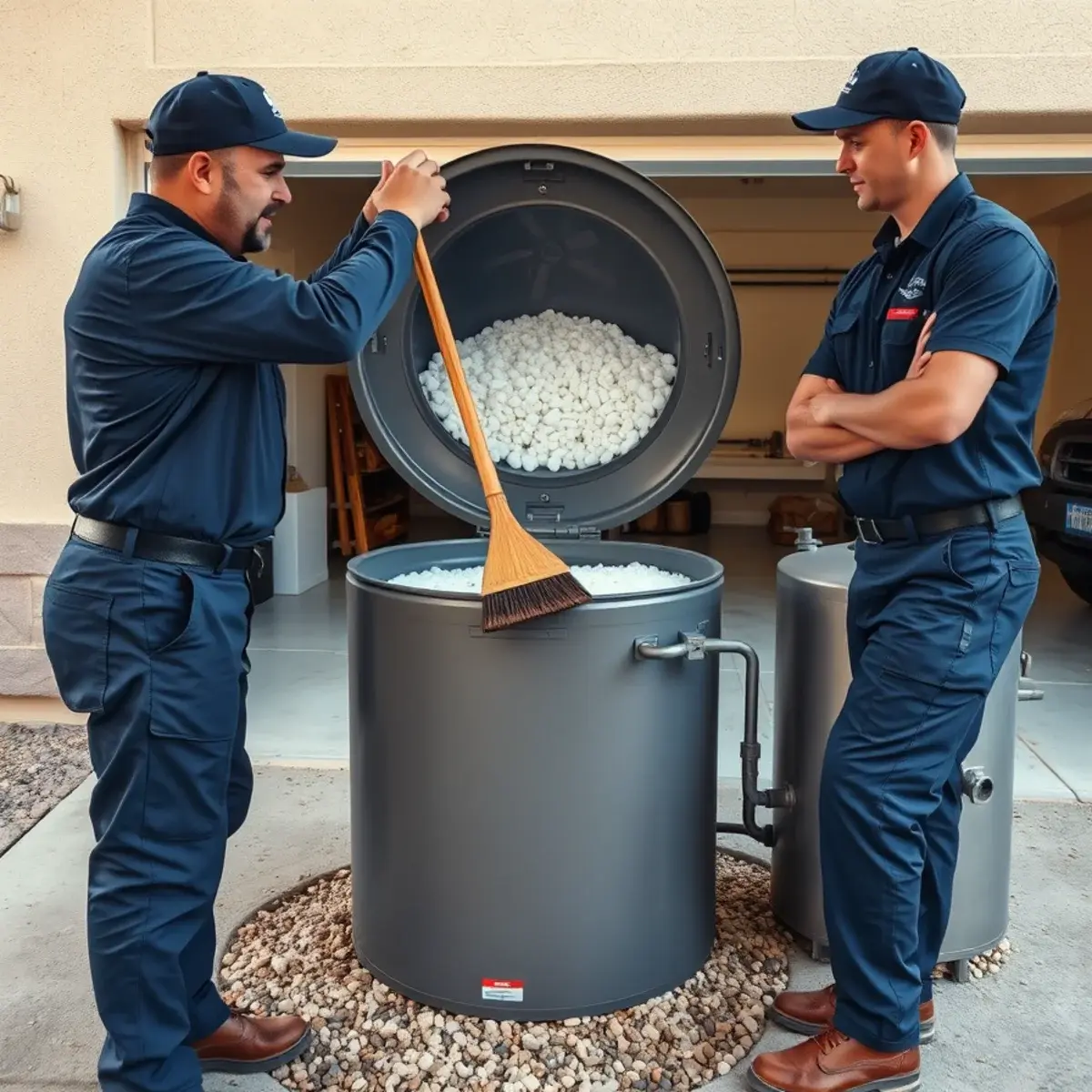 Checking salt level and brine tank condition on a water softener in a San Tan Valley garage