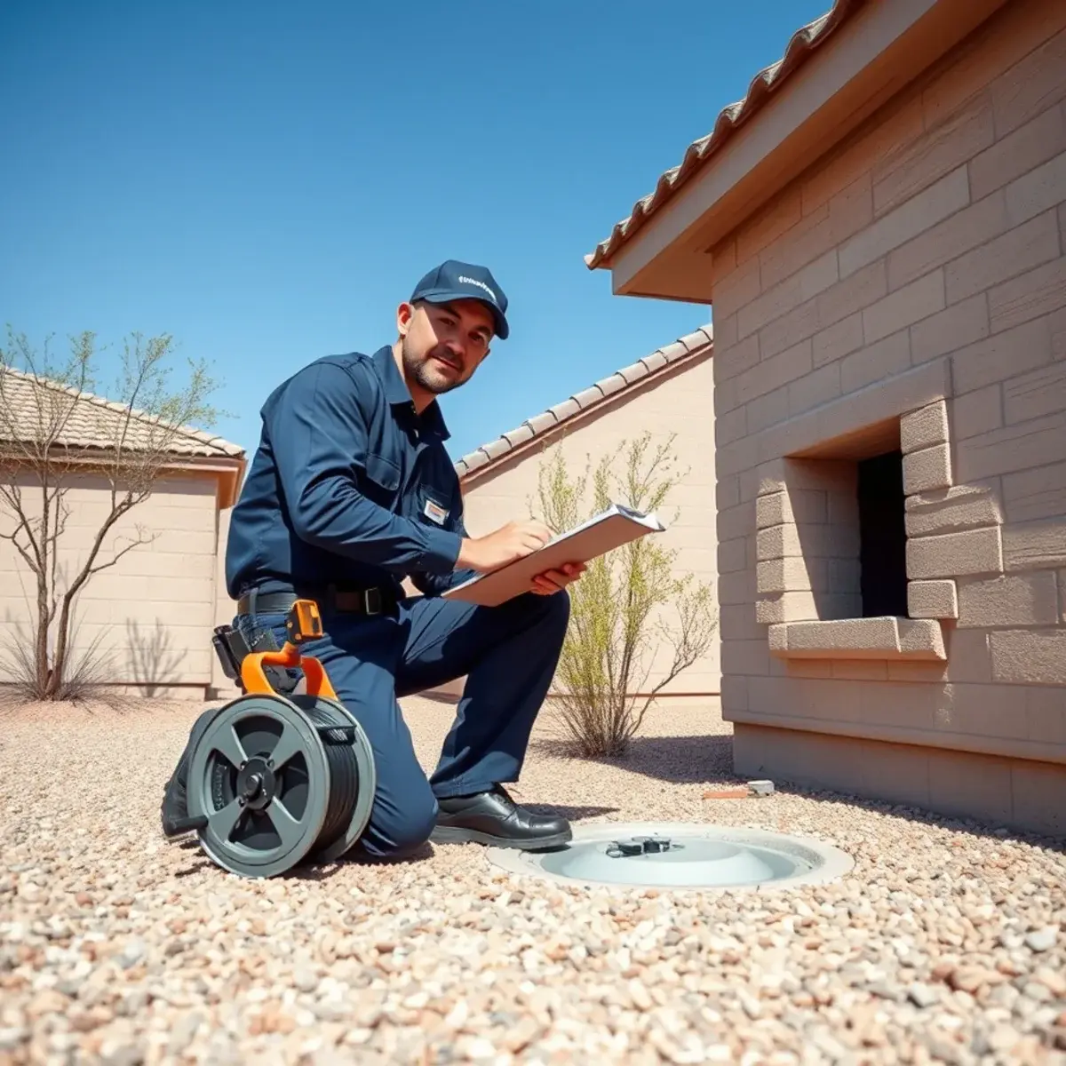 Plumber inspecting a sewer cleanout before monsoon season at a Pinal County home
