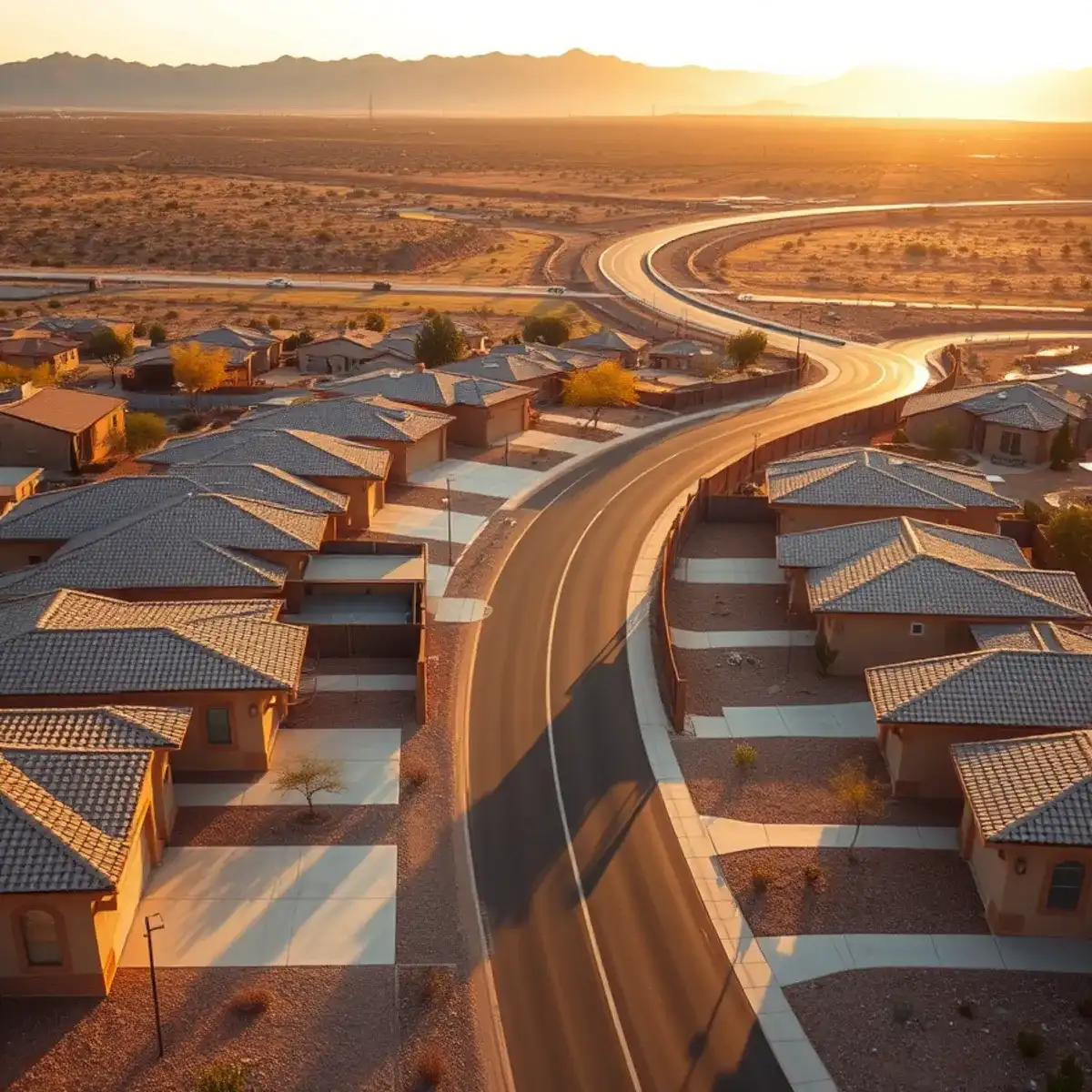 Aerial view of San Tan Valley Arizona neighborhoods with the San Tan Mountains beyond