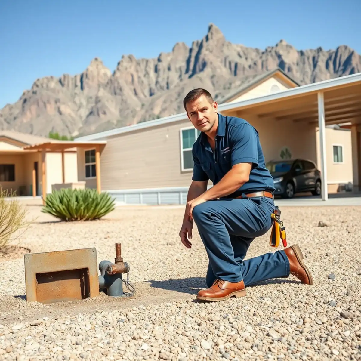 Plumber working at an older home in Apache Junction, Arizona below the Superstition Mountains