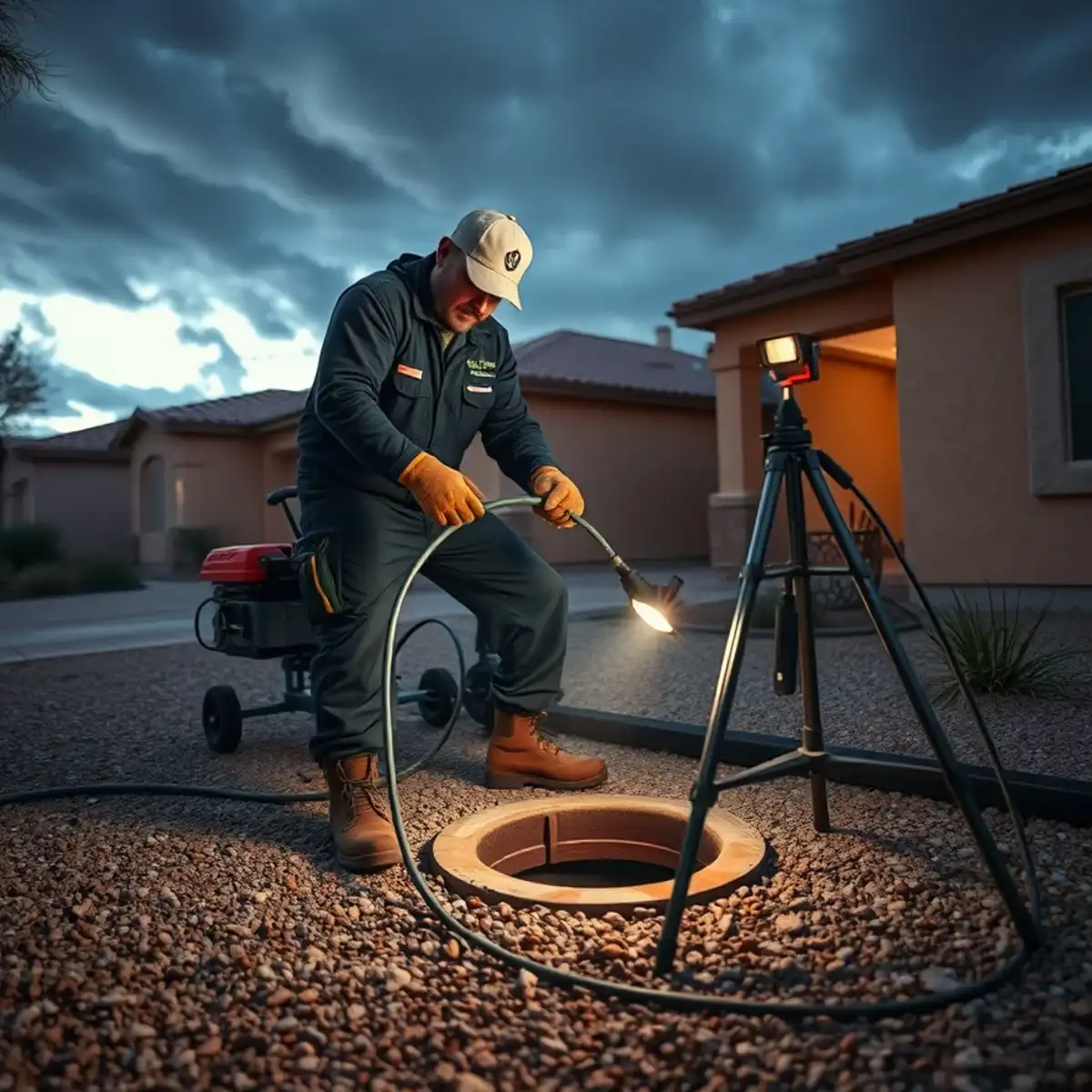 Plumber clearing a blocked main sewer line during an emergency backup call in San Tan Valley